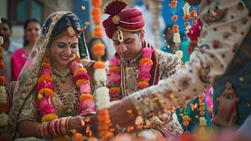 ai-generated-an-indian-bride-and-groom-in-traditional-wedding-attire-exchanging-garlands-during-a-ritual-in-their-marriage-ceremony-photo